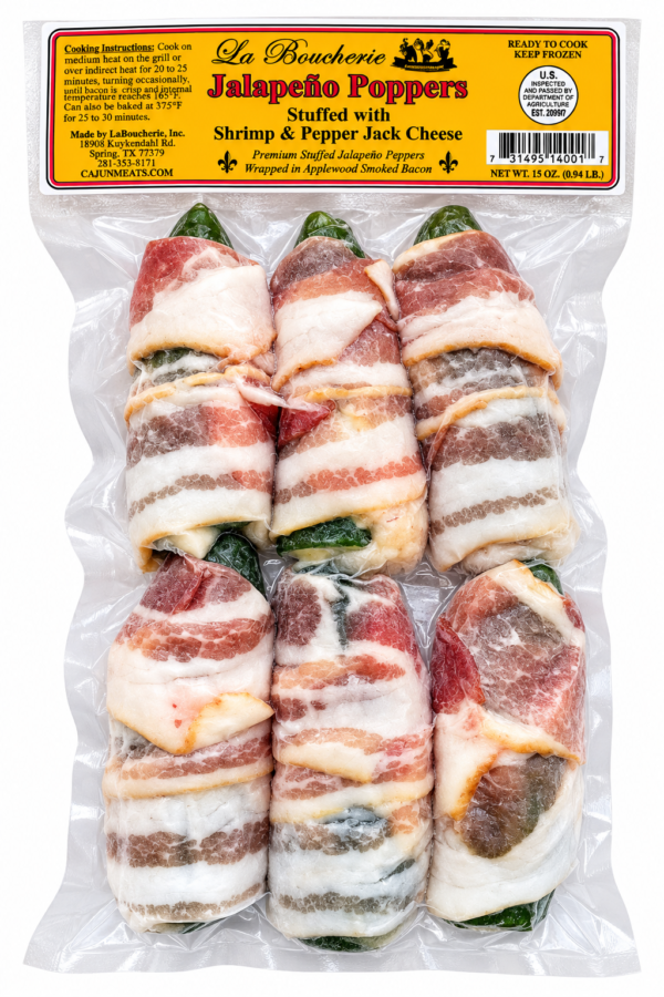Six vacuum-sealed La Boucherie shrimp and pepper jack cheese stuffed jalapeño poppers.