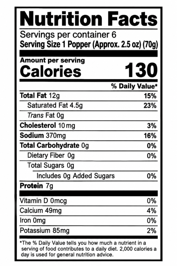 la boucherie jalapeno shrimp PJC nutrition Nutrition facts for a 2.5 oz serving of La Boucherie Shrimp & Pepper Jack Stuffed Jalapeno Poppers: 130 calories.