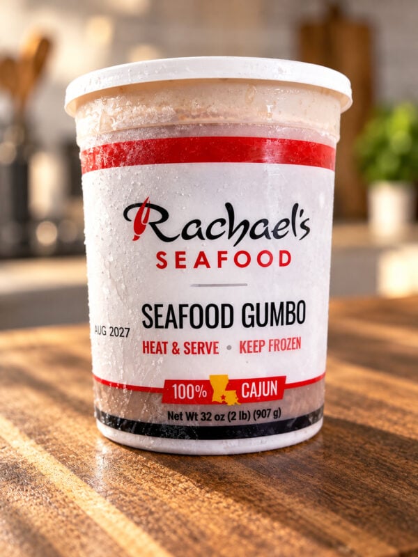 SeafoodGumbo2 A frosted Rachael’s Sampler container of seafood gumbo sitting on a wooden surface.
