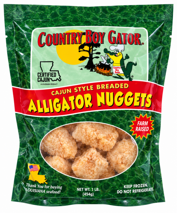 alligator nuggets 1 lb front The Snack Sampler (Staff Faves) features a box of breaded alligator nuggets with a cartoon mascot on the label.