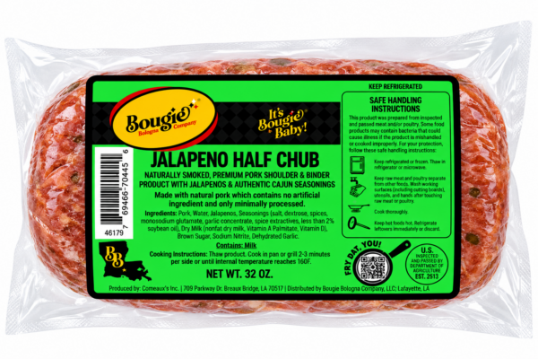 A two-pound Bougie Bologna Jalapeno half chub in clear packaging with a green and black label.