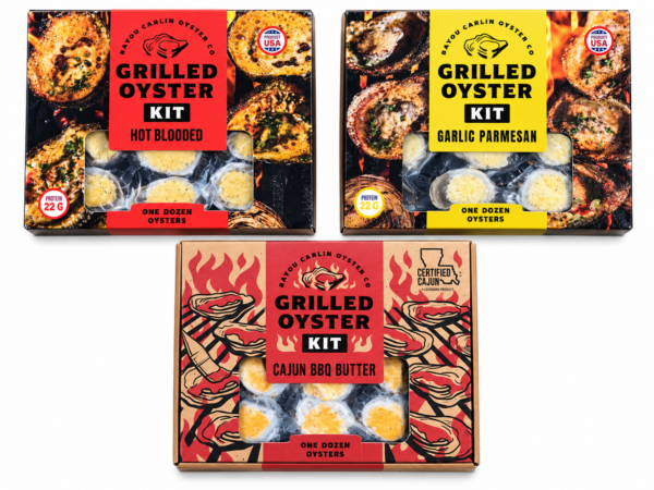 Three Bayou Carlin Oyster Combo kits: Hot Blooded, Garlic Parmesan, and Cajun BBQ Butter.