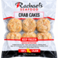 Six raw crab cakes in a clear Rachael’s Sampler package labeled 100% Cajun, including cooking instructions.