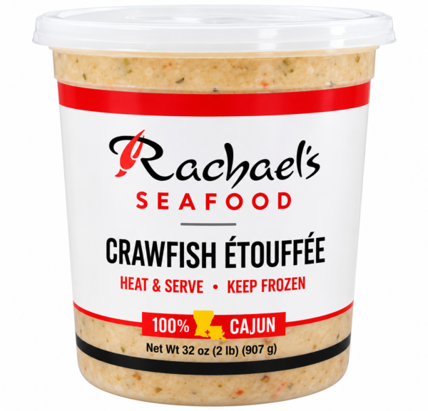 A plastic container of Rachael’s Sampler crawfish étouffée with a “Heat & Serve” and “Keep Frozen” label.