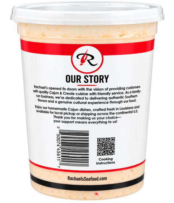 rachaels crawfish etouffee side Plastic tub of Rachael’s Sampler, with a label displaying the company story, barcode, QR code, and website address.