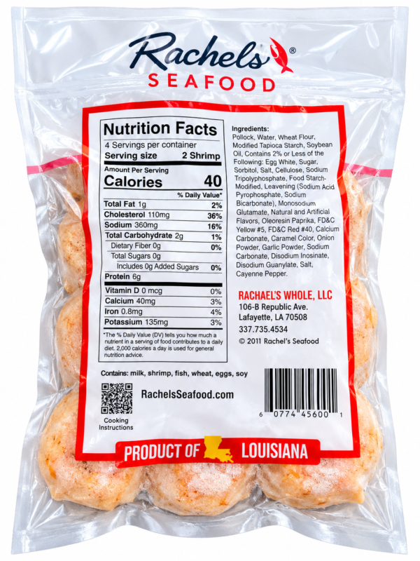 rachaels stuffed shrimp back Clear plastic package of four breaded Rachael’s Sampler seafood cakes, including a Nutrition Facts label and barcode.