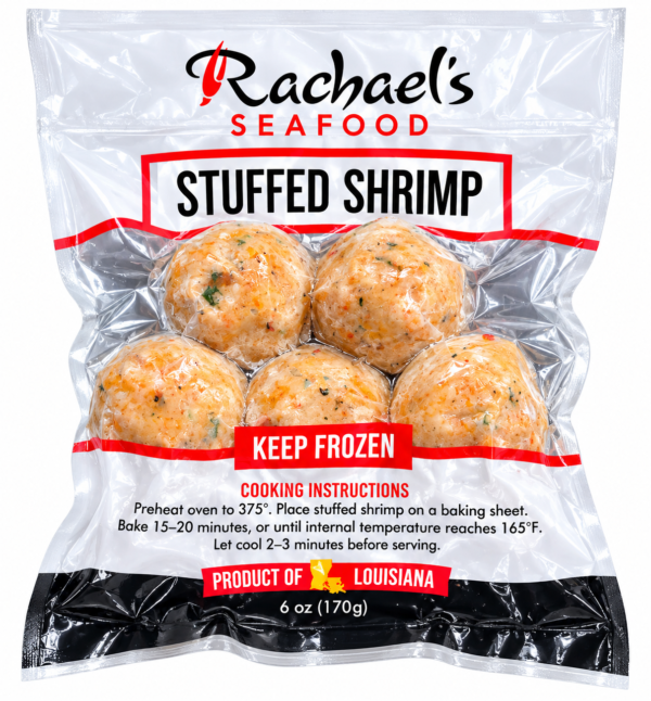 rachaels stuffed shrimp front A vacuum-sealed package of five Rachael’s Sampler stuffed shrimp, featuring cooking instructions and a Louisiana label.