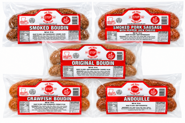 The Best Stop Bundle includes five Cajun sausage varieties, each with flavor and nutrition labels.