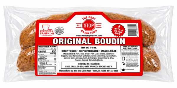 the best stop original boudin front A package of Ultimate Boudin Bundle sausage featuring a red and white label with nutrition, ingredients, and cooking.
