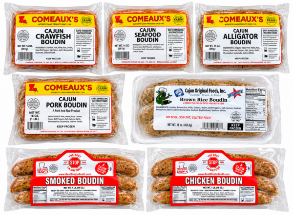 Six individually wrapped packages of Ultimate Boudin Bundle sausage.
