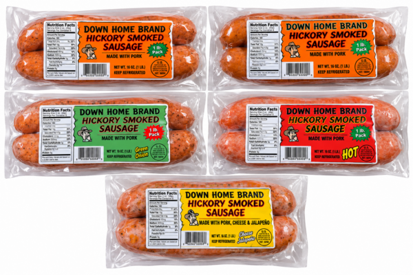Five vacuum-sealed packages of Down Home Smoked Sausage with nutrition labels and flavor tags.