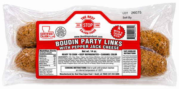 A vacuum-sealed package of four The Best Stop Pepper Jack Boudin Party Links with a red and white label.