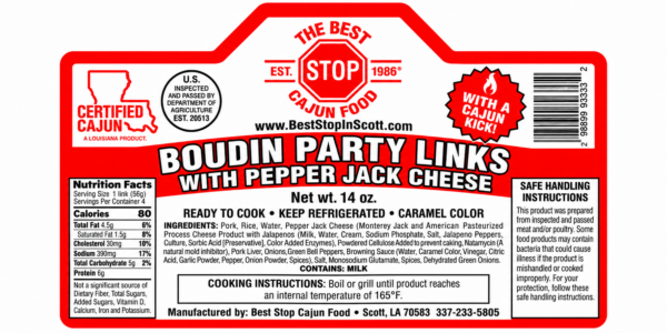 the best stop pepper jack party links label Product label for The Best Stop Pepper Jack Boudin Party Links showing nutrition, ingredients, and cooking directions.