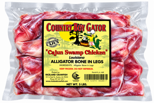 Five pounds of raw, bone-in alligator legs in a vacuum-sealed plastic bag with a product label.