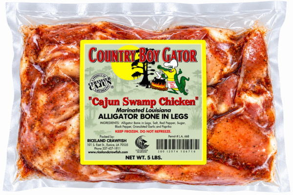 A 5 lb vacuum-sealed package of non-marinated bone-in alligator legs.