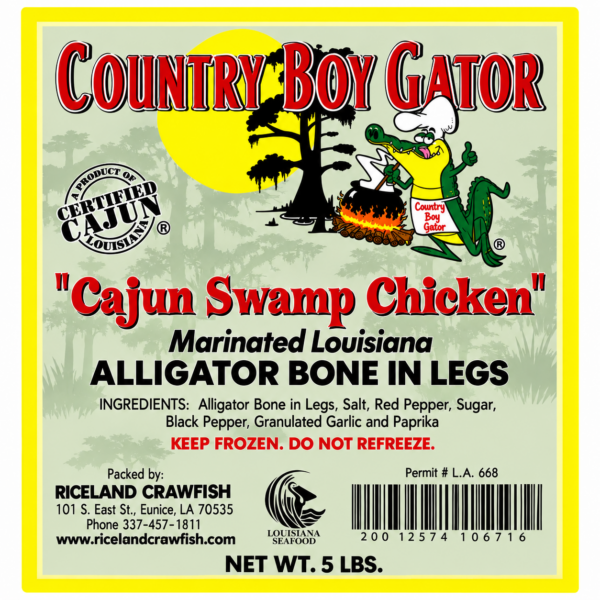 alligator legs 5 lb marinated label Product label for 5 lb bone-in alligator legs (non-marinated) showing a cartoon alligator cooking by a campfire.