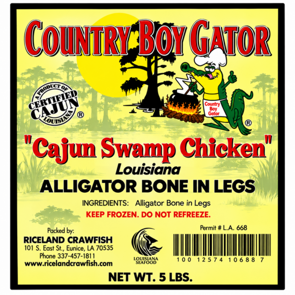 alligator lets 5 lb label Product label for 5 lb bone-in alligator legs (non-marinated) with a gator chef illustration and contact details.