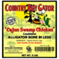 Product label for 5 lb bone-in alligator legs (non-marinated) with a gator chef illustration and contact details.