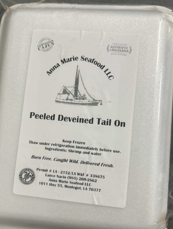 pdtailon__30297.1742261859.1280.1280.jpg Anna Marie large peeled, deveined tail-on shrimp from Anna Marie Seafood LLC, fresh Louisiana seafood.