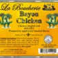 Product label for La Boucherie Bayou Boudin Chicken showing the bacon-wrapped, stuffed poultry, instructions, and barcode.