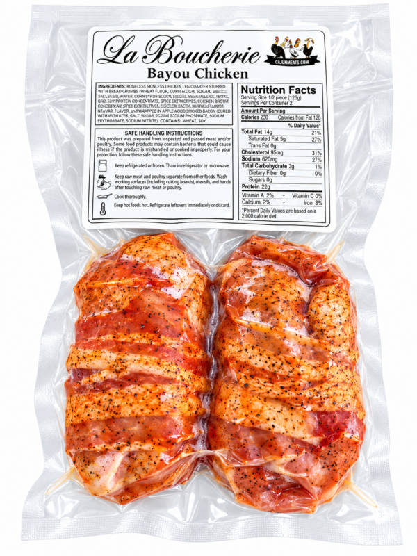 la boucherie bayou chicken back Two vacuum-sealed La Boucherie Bayou Boudin chicken portions, wrapped in bacon and labeled for nutrition.