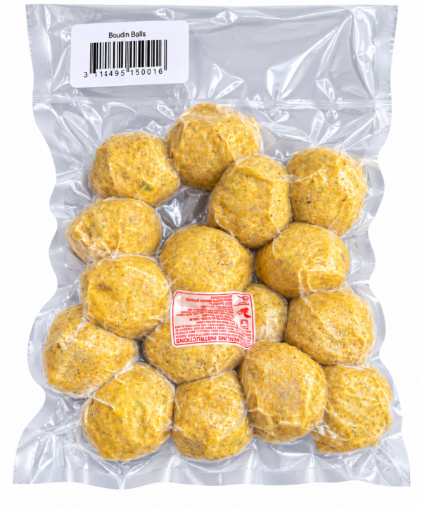 la boucherie boudin balls back Fourteen golden-brown La Boucherie Boudin Balls (2 lb) in a clear vacuum-sealed bag with a barcode label.