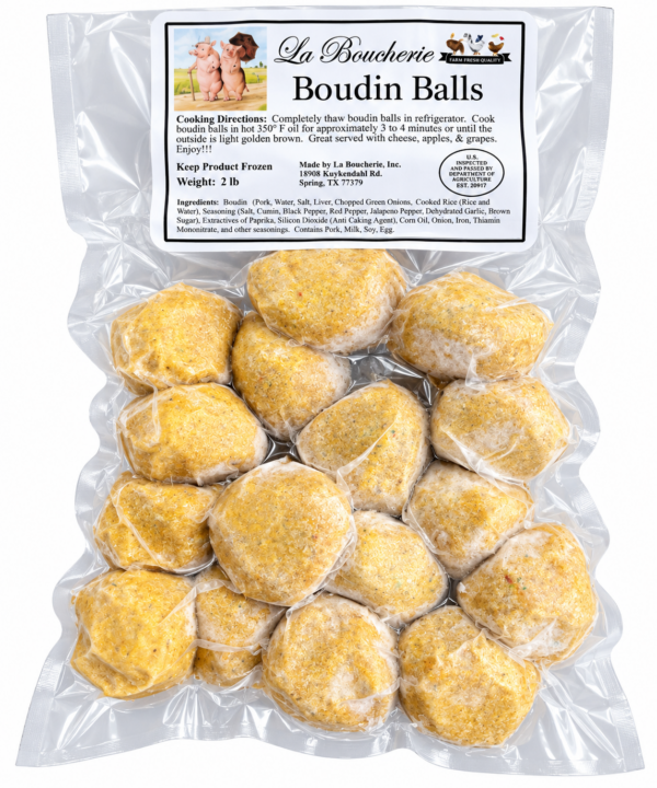 A vacuum-sealed bag containing twelve frozen 2 lb. La Boucherie Boudin Balls.
