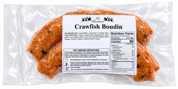 la boucherie crawfish boudin back La Boucherie crawfish boudin in a crescent shape, packaged in a clear vacuum bag with a nutrition label.