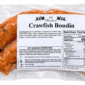 La Boucherie crawfish boudin in a crescent shape, packaged in a clear vacuum bag with a nutrition label.