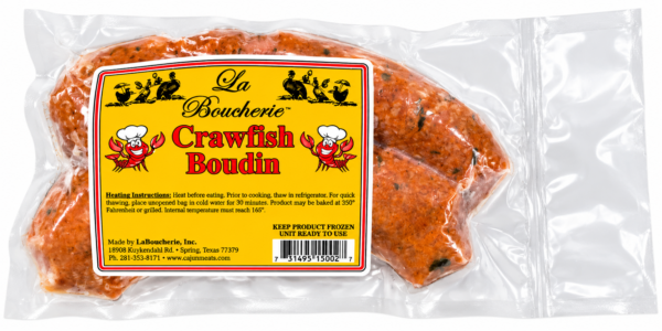 A vacuum-sealed link of La Boucherie Crawfish Boudin featuring a yellow product label.