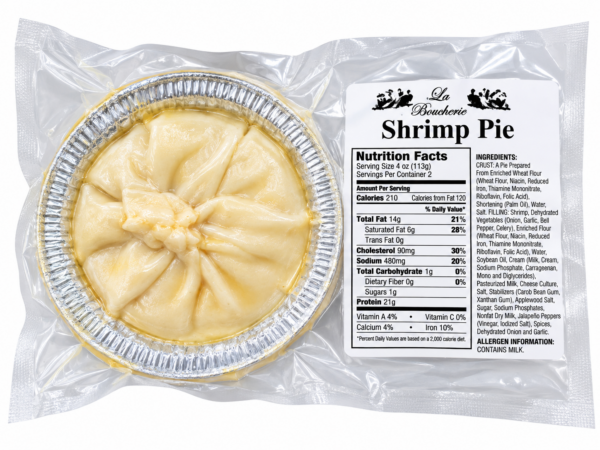 la boucherie shrimp pie back An uncooked, round La Boucherie Shrimp Pie in a foil tin with a nutrition label, all in a clear plastic package.