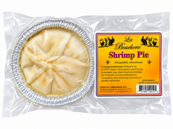 A round La Boucherie shrimp pie in a foil tin, shown beside its yellow product label with cooking instructions.