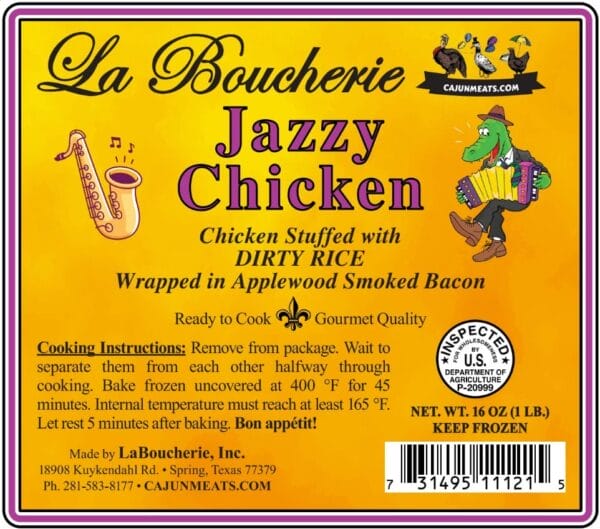 JAZZY_Chicken_Label__17633.1744242037.1280.1280.jpg Vibrant La Boucherie Jazzy Dirty Rice Chicken label with cartoon alligator playing sax, celebrating Cajun and Louisiana flavors.