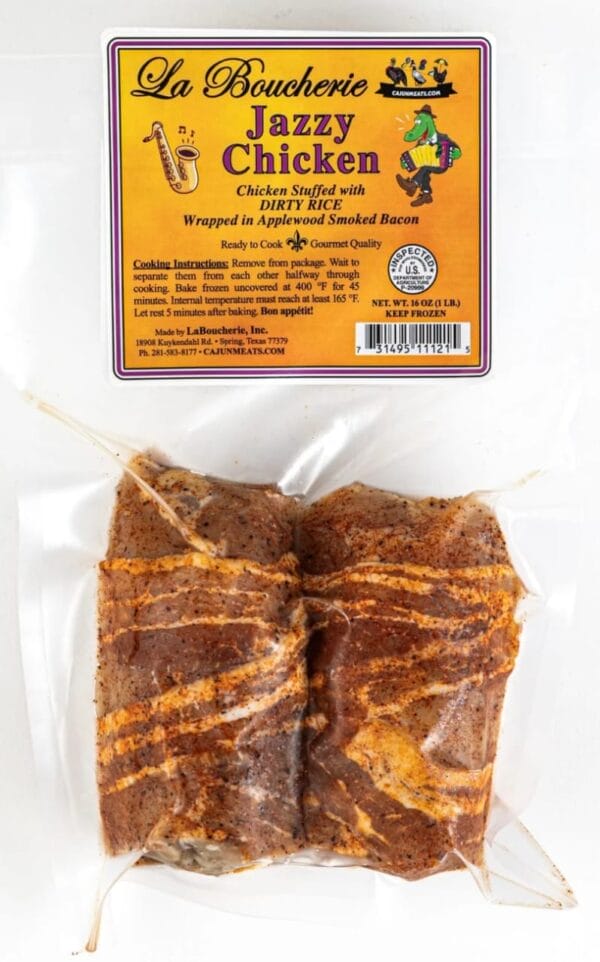 Jazzy_Chicken_-_packaged__47905.1744242037.1280.1280.jpg Vacuum-sealed La Boucherie Jazzy Dirty Rice Chicken stuffed with dirty rice and bacon, featuring Cajun flavors and cooking instructions.