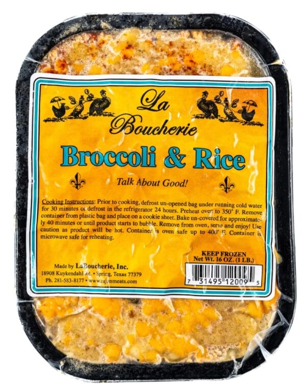 broccoli_2__97113.1744239450.1280.1280.jpg La Boucherie 1 lb frozen Cajun broccoli and rice side dish with visible ingredients and cooking instructions on the packaging.