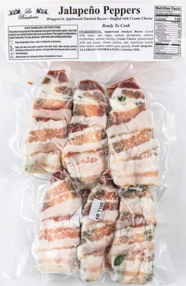 poppercc3__86273.1744238678.1280.1280.jpg Six bacon-wrapped, cream cheese-stuffed jalapeno poppers, Cajun-style and vacuum-sealed for freshness.
