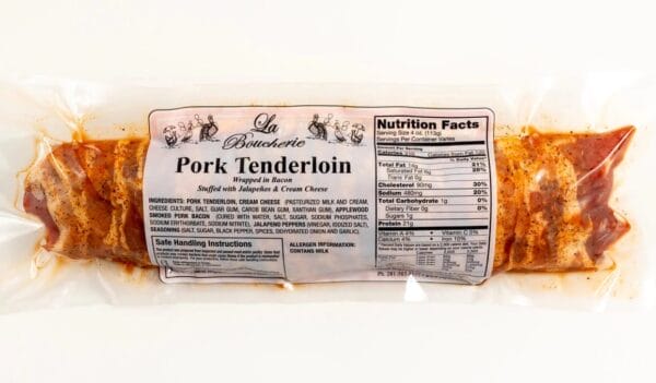 ptjcc2__53871.1744238246.1280.1280.jpg La Boucherie Stuffed Pork Tenderloin with cream cheese and jalapeno, vacuum-sealed and labeled for safety and nutrition.