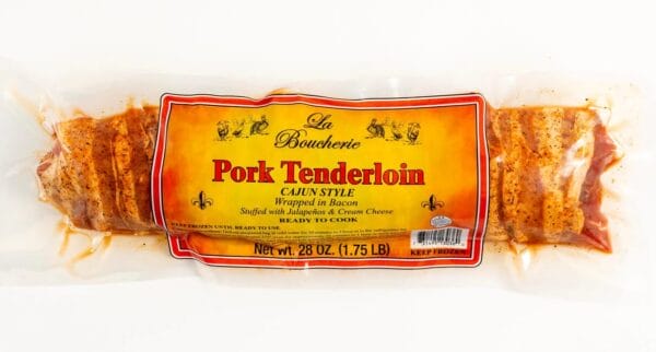 ptjcc__91032.1744238247.1280.1280.jpg Vacuum-sealed La Boucherie Stuffed Pork Tenderloin, 28 oz, filled with cream cheese, jalapeno, and wrapped in bacon.
