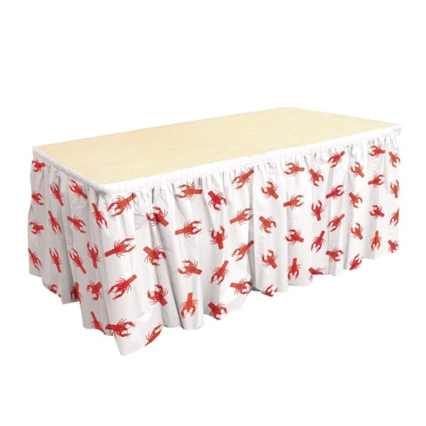 white plastic table skirt with red crawfish