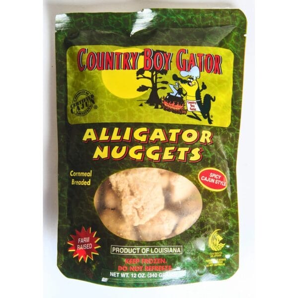 Green bag of 1 lb Alligator Nuggets, ideal for those who love spicy Cajun and Louisiana-style seafood flavors.