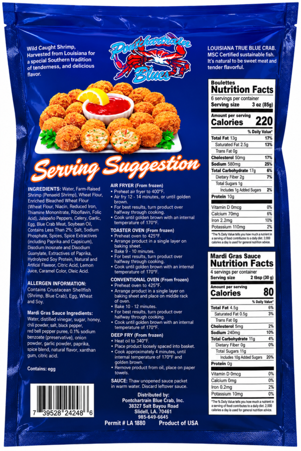pontchartrain shrimp and crab boulette back Shrimp and crab boulettes garnished with lemon and parsley, shown on blue product packaging.