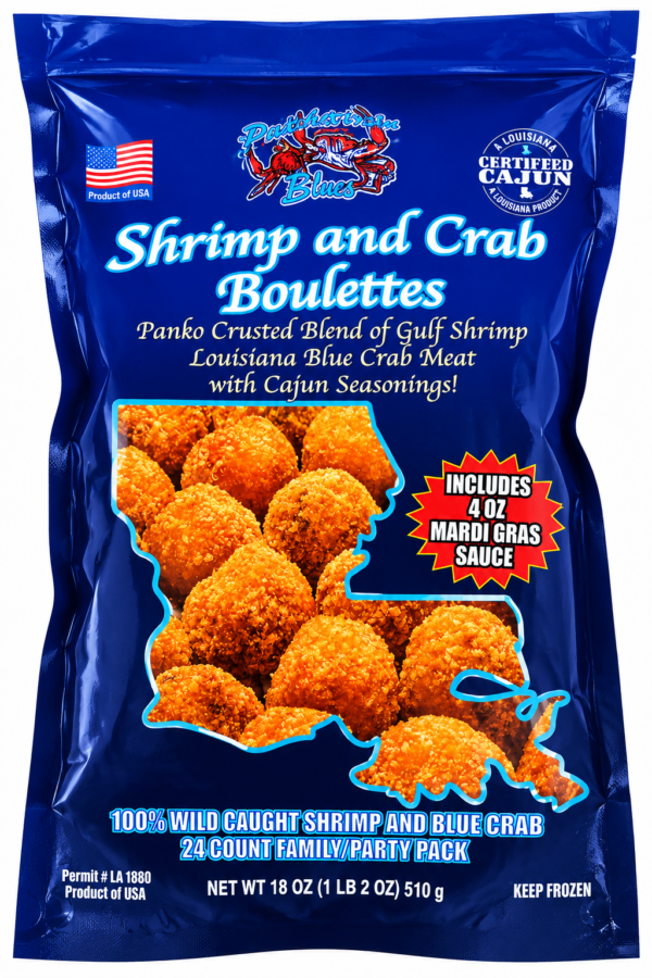A blue bag of Shrimp and Crab Boulettes with a side of sauce, featuring a Louisiana map on the front.