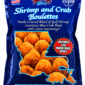 A blue bag of Shrimp and Crab Boulettes with a side of sauce, featuring a Louisiana map on the front.