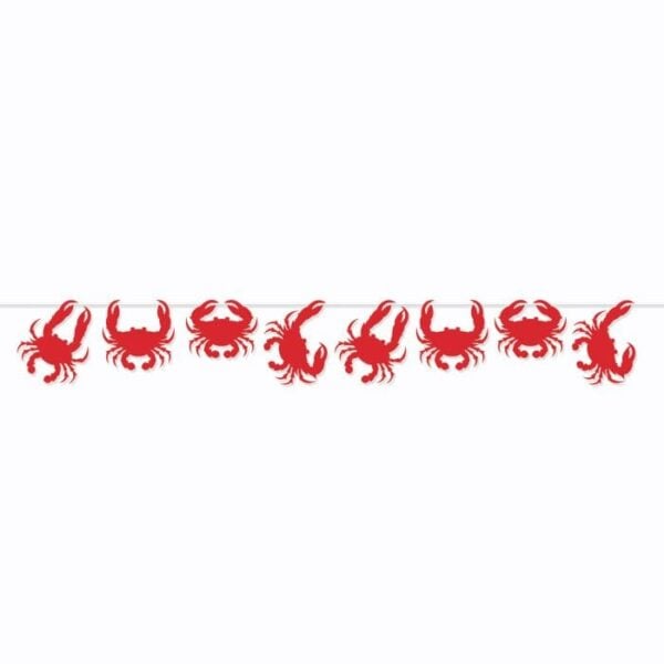 Red crab cutouts hang on a white string, perfect for Louisiana seafood or crawfish-themed celebrations.