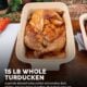 A 15 lb LA Crawfish Co. turducken with stuffing in a ceramic baking dish.