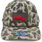 Camo LA Crawfish Co. Coastland hat with a rectangular red crawfish PVC patch and a metallic visor sticker.