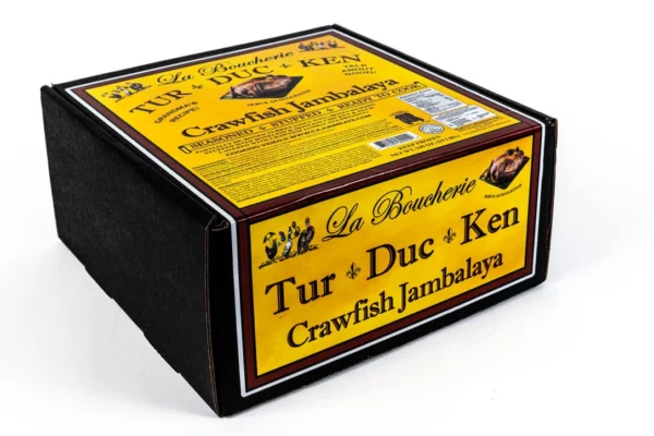 crawfish jambalaya box A black rectangular box with yellow labels for a 15 lb La Boucherie Turducken.