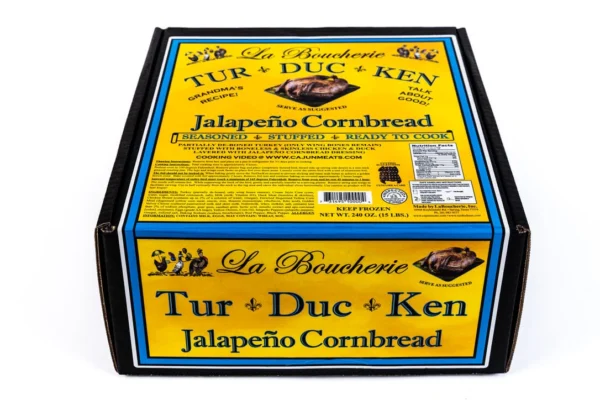 jalapeno cornbread box A 15 lb La Boucherie Turducken box featuring a jalapeño cornbread label, cooking instructions, and nutrition facts.