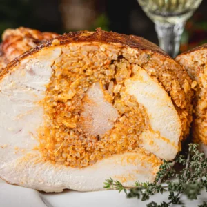 A rolled roasted turkey breast stuffed with savory jambalaya on a white plate.
