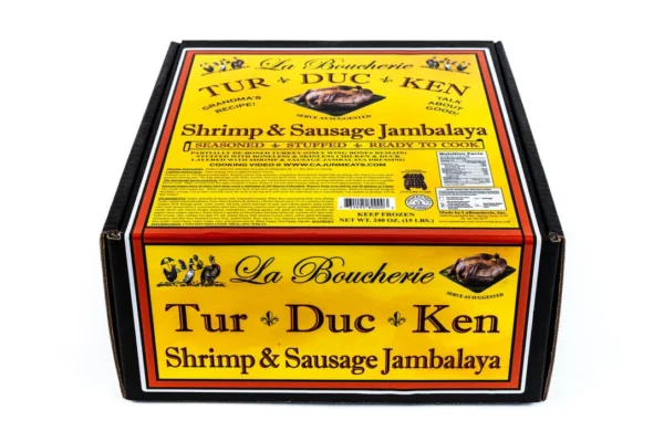 shrimp and sausage jambalaya box A 15 lb La Boucherie Turducken box featuring cooking instructions for a bird stuffed with shrimp and sausage jambalaya.